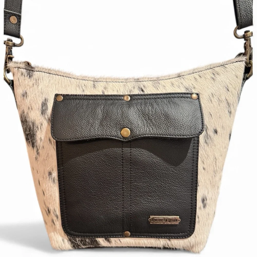 AMERICAN BISON Hair in black & cream and Leather Crossbody Shoulder Bag - Picture 2 of 14